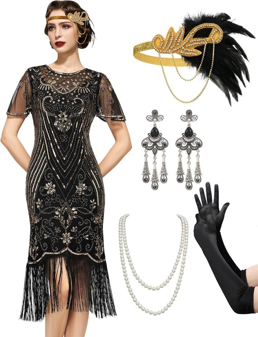SWEETV Great Gatsby Lace Neck Flapper Dress - 1920s Dress for Women With Sleeve - Roaring 20s Costume (Small, Black-gold)