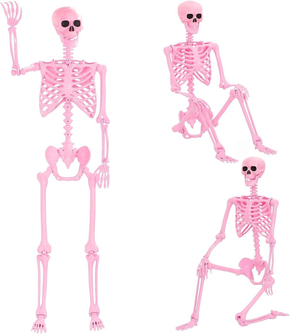 Tellingyou 5.4Ft Pink Halloween Skeleton, Full Body Life Size Skeleton Bones with Movable Joints, Plastic Human Bones for Halloween Graveyard Haunted House Party Decoration