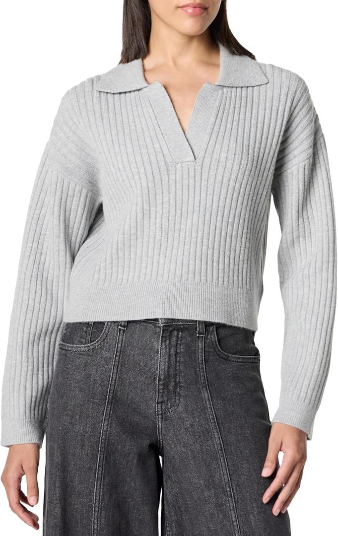 The Drop Women's Marcy Ribbed Polo Top (Large, Light Heather Grey)