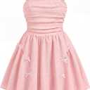 Girls Summer Dress Boho Dress Adjustable Spaghetti Straps A-line Sundress Cute Beach Party Dresses with Bows (11-12 Years, Pink)