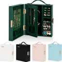 Enthralite Large Travel Jewelry Case: Portable Necklace Box with Mirror - PU Leather & Velvet Lined Jewelry Organizer for Ring Earring Bangle Bracelets Watch - Birthday Gift for Her (Dark Green)