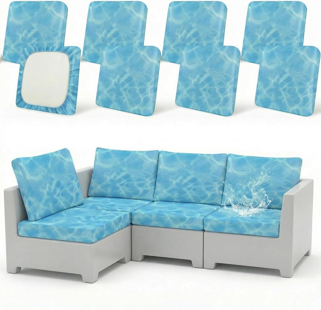 8 Pack Outdoor Cushion Covers Water Resistant High Stretch Fit Patio Cushion Covers 180g Couch Seat Slipcovers Machine Washable Pet & Kids Friendly Home Refresh 20-27 Inch, Water Ripple