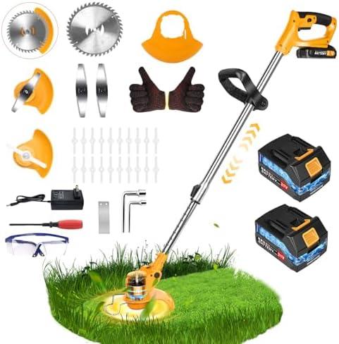 20000 RPM Electric Weed Wacker Cordless Weed Eater Battery Powered 21V, 4-in-1 Brush Cutter/String Trimmer/Grass Trimmer/Lawn Mower, 6″ Edger Stringless Weed Trimmer with Blade,2 Battery