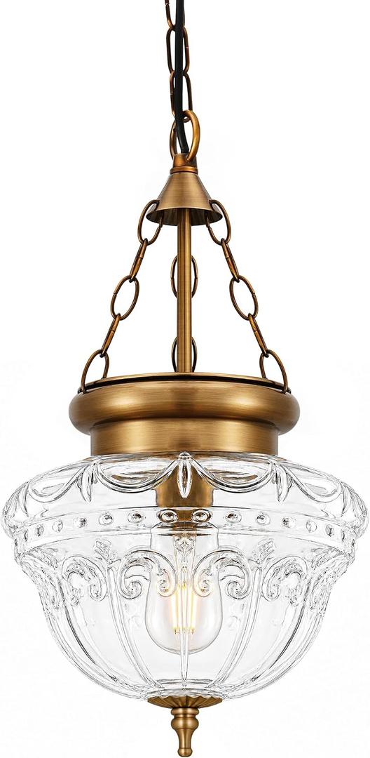 Vintage Brass Pendant Light for Kitchen Island Textured Glass Hanging