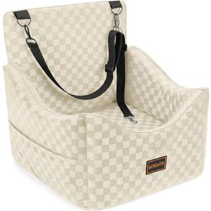 JOEJOY Elevated Dog Car Seat for Small/Medium Dogs up to 35 lbs, Memory Foam Booster Seat with Detachable Washable Cover, Travel-Safe Car Bed with Safety Belts & Storage Pockets, Beige