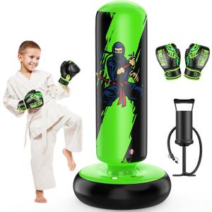 QPAU Punching Bag for Kids, 66 Inch Stable Inflatable Boxing Bag with Boxing Gloves, Stand Kids Punching Bag Toy for Boys & Girls Age 6-12, Boxing Set for Practicing Karate, Taekwondo, MMA