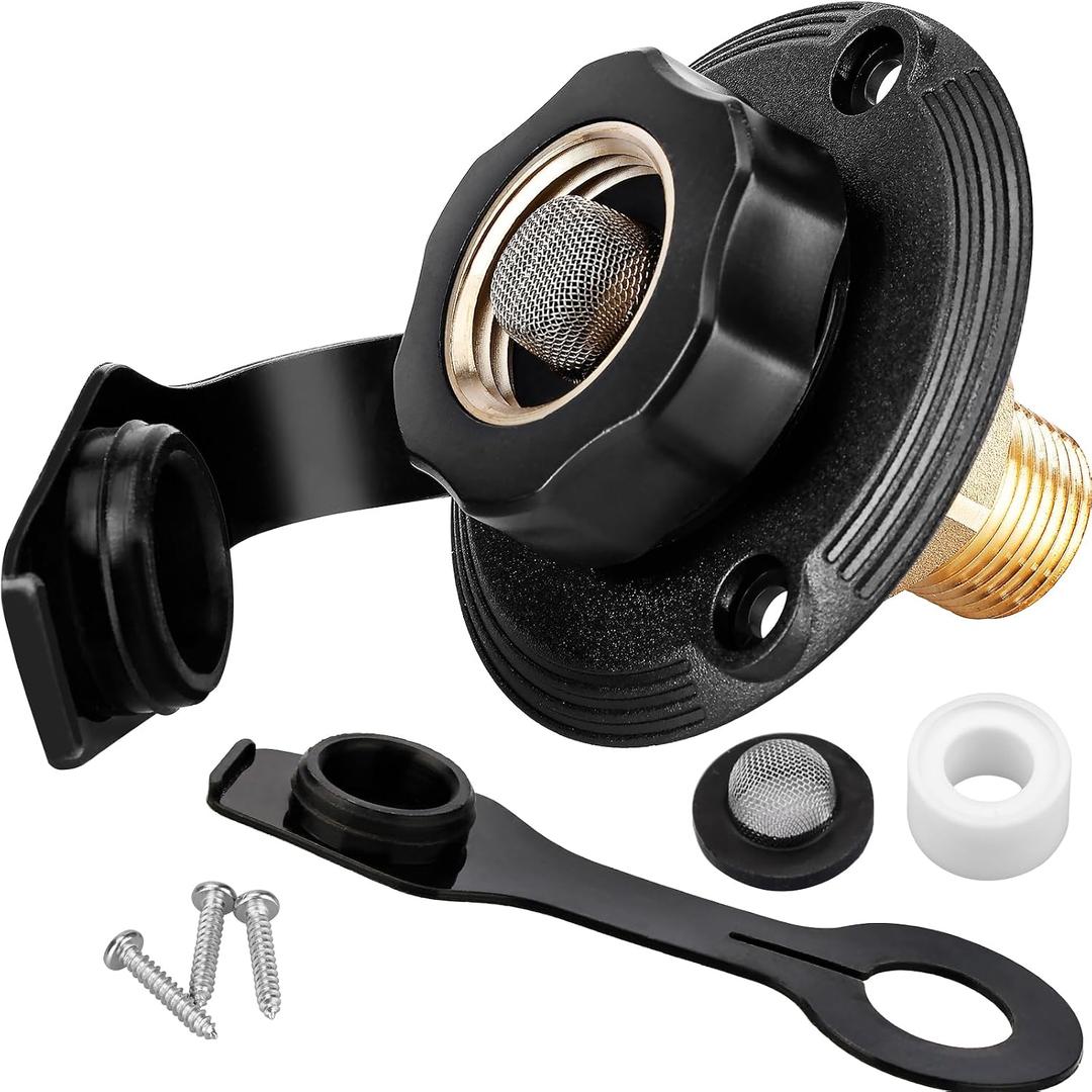 RVGUARD RV City Water Inlet, 3/4" NH Female to 1/2" NPT Male City Water Fill Inlet Flange Brass with Check Valve for RV, Camper, Trailer, Marine (Black S)