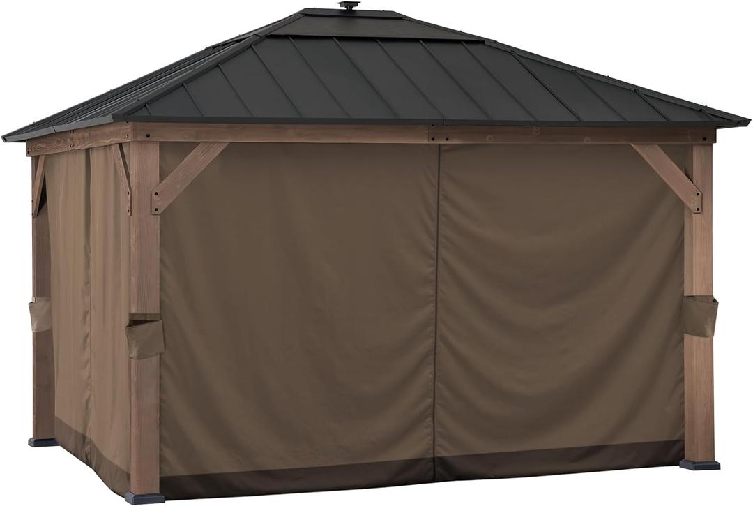 Sunjoy Four-Side Privacy Side Wall Curtain Set for 11 x 13 ft Gazebo, UV-Resistant Waterproof Polyester Curtain Panels for Patio, Garden and Backyard, Includes Ring Hardware for Installation, Brown