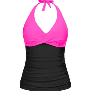 Tempt Me Women Pink Black Tummy Control One Piece Swimsuits with Shorts Boyleg Retro Bathing Suit Halter Swimwear L