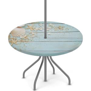 Wood Texture Round Outdoor Tablecloths with Umbrella Hole Beach Shell Circle Fitted Table Cloth with Elastic Zippered Tablecloth 36"-44" Waterproof Umbrella Table Cloth Round Table Cover for Patio