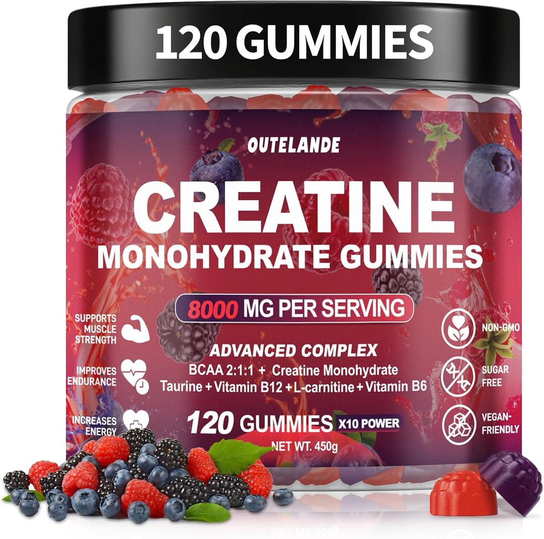 Creatine Monohydrate Gummies 8000 mg for Men & Women, Creatine Supplement for Enhanced Muscle Growth, Energy Boost - with L-Taurine, Sugar Free, Vegan, Raspberry BlackBerry Blueberry Flavor-120 Count