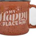 Camco Life is Better at The Campsite Ceramic Coffee Mug - Microwave and Dishwasher Safe - Features Red Background with Retro RV My Happy Place Design - Coffee Cup Holds 14oz. (53472)