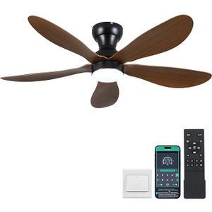 Kviflon 44 Inch Modern Flush Mount Ceiling Fan with Lights, Remote/APP Control, 5 Reversible Curved Blades, LED 3 CCT Dimmable, 6 Speeds, Brown Kviflon 44 Inch Modern Flush Mount Ceiling Fan with Lights, Remote/APP Control, 5 Reversible Curved Blades, LED 3 CCT Dimmable, 6 Speeds, Brown