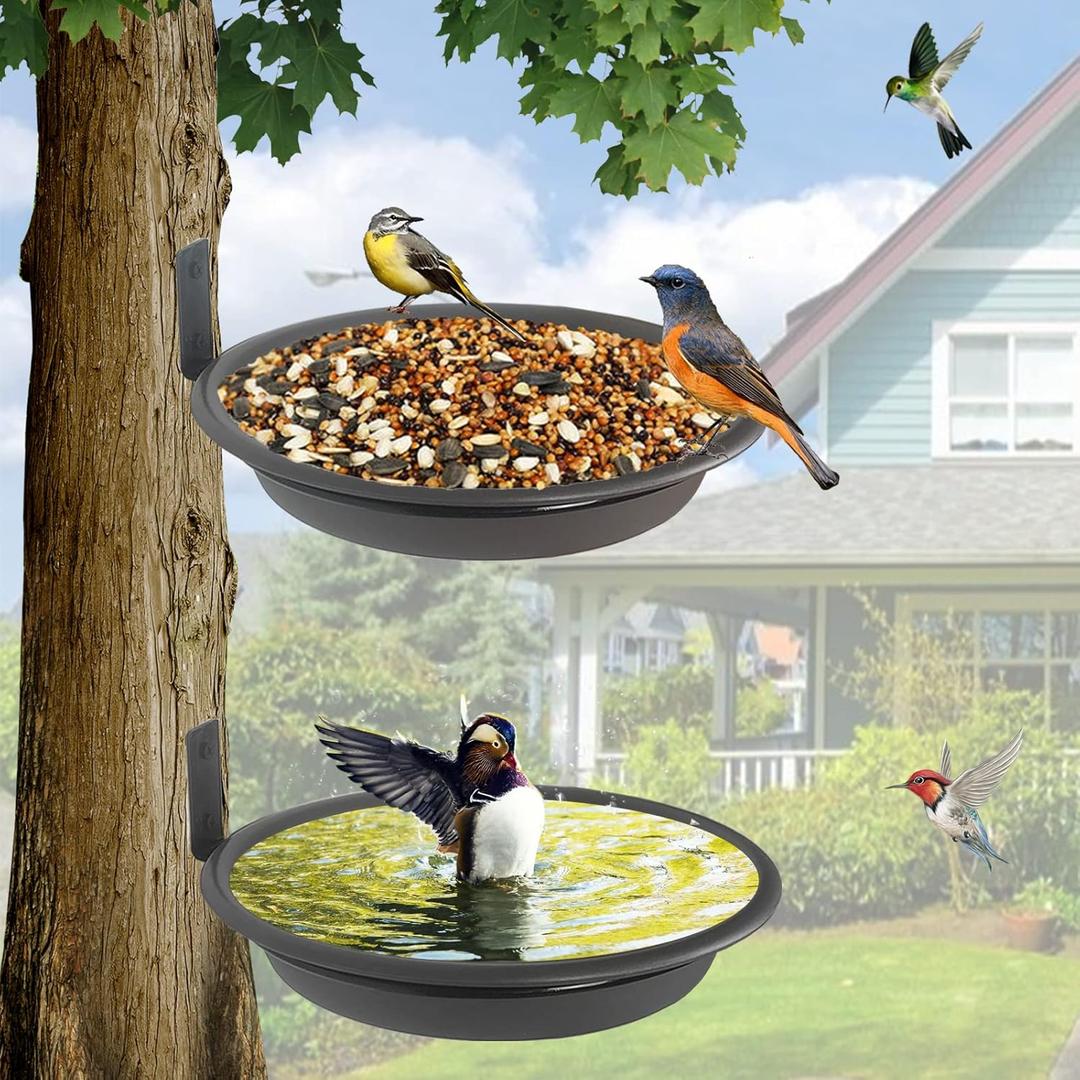 2 Bird Feeders Tree Mounted with Heavy Duty Sturdy Steel, 9.15 in Diameter1.53" Deep Dark Brown Bird Bath Tray,Installed on Wooden Fences, Trees, Deck,Indoor and Outdoor Walls