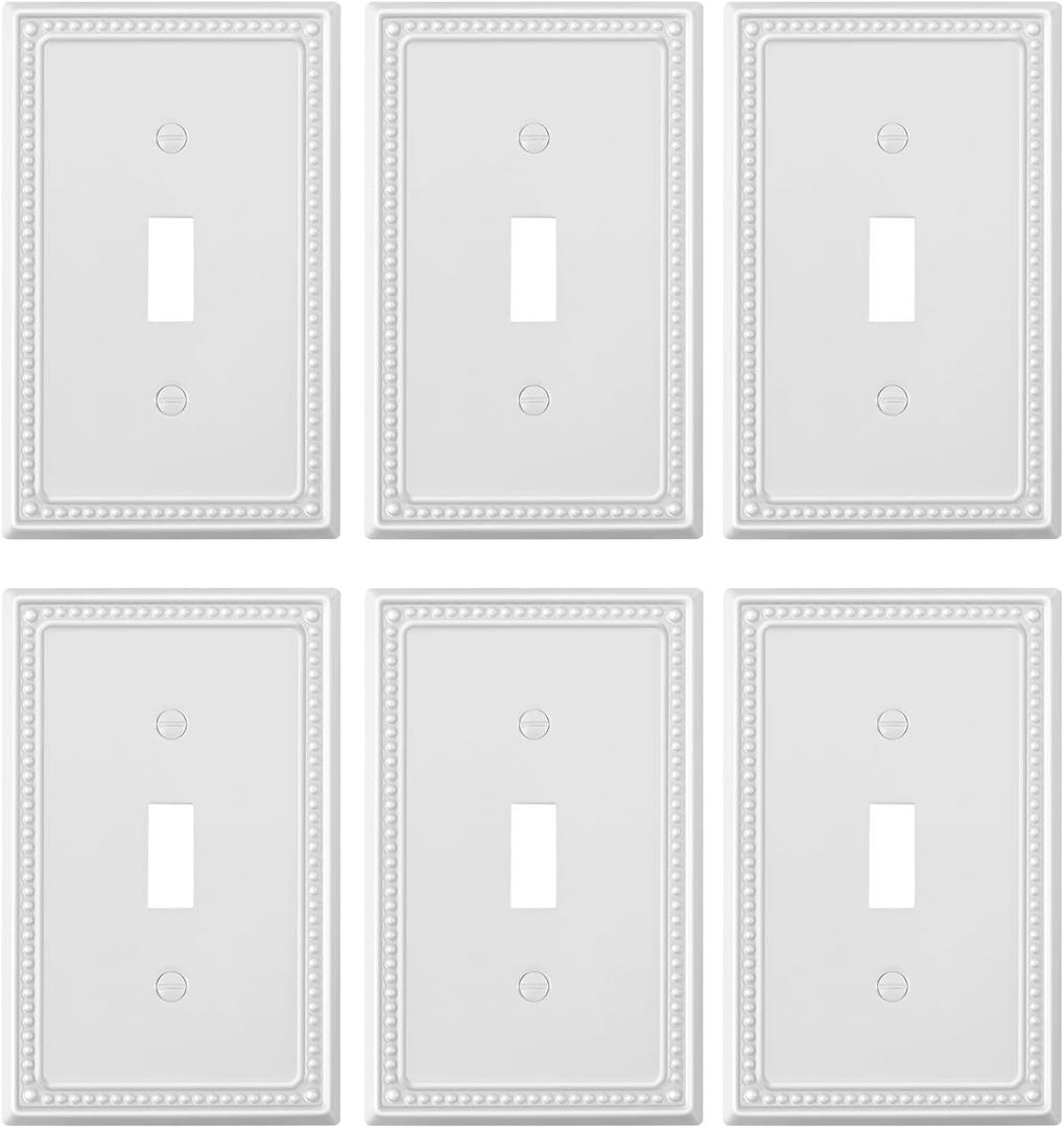 6-Pack Single Toggle Light Switch Cover Plate, Pearls Decorative Switch Plate Covers, Pure White 1 Gang Metal Wall Plate, Corrosion Resistant
