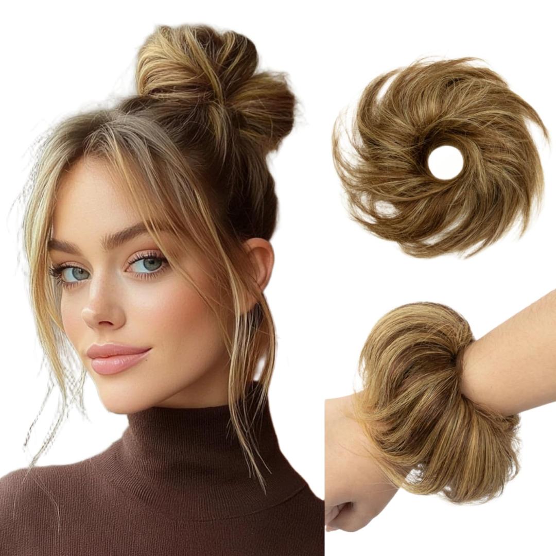 Messy Bun Hair Piece for Women Human Hair Buns Medium Brown Highlights Elastic 1Pcs 100% Real Hair Ponytail Wavy Curly Durable Bun Scrunchies Thick Updo Hairpieces (#P4-27 Medium Brown Highlights)