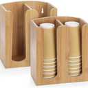 Suwimut 2 Pack Bamboo Coffee Cup and Lid Storage Organizer Holder, 2 Compartments Disposable Paper Cup Dispenser, Cups and Lids Organizer for Kitchen Countertop Coffee Bar