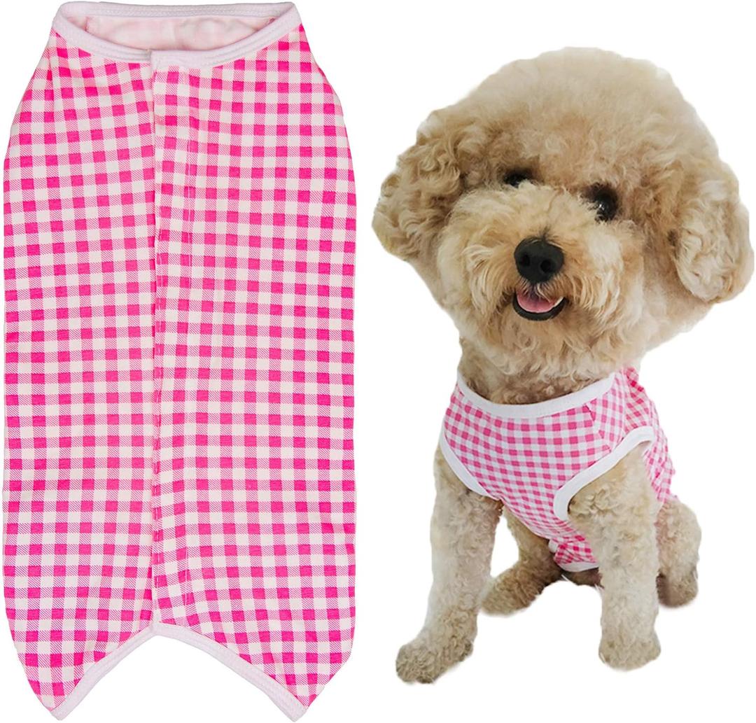Dogs Recovery Suit Post Surgery Shirt for Puppy, Wound Protective Clothes for Little Animals(Pink White Plaid-m)