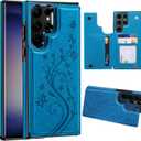 Korecase for Samsung Galaxy S25 Ultra Wallet Case with Card Holder,Flower Back Flip Protective Phone Case Cover for Samsung Galaxy S25 Ultra,Blue