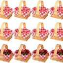 Geelin 10 Pcs Christmas Mini Woven Basket with Handle 20 Sheet Red and White Gingham Paper Napkins Wood Chip Mini Flower Fruit Picnic Basket Chip for Christmas Wedding Party Gift Decoration (Medium)