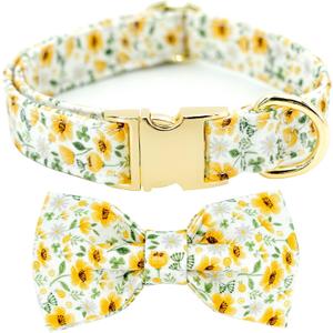 Tunkoo Dog Collar Floral with Elegant Bow Tie Soft Comfy Cotton Adjustable Collar, Premium Metal Buckle for Puppy and Cat Small Medium LargeDaisy FlowersS