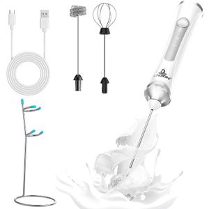 Rechargeable Frother Wand with Stand, Milk Frother with Detachable Stainless Steel Double Rings Whisk, 3-Speed Handheld Electric Drink Mixer for Lattes, Cappuccino, Coffee (White)