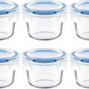 Set of 6 Small Glass Storage Containers, 7 oz Food Containers with No-Spill Lids, Thick Glass Jars for Meal Prep, Babys Snacks, Leftovers and Sauces, Dishwasher & Microwave Safe
