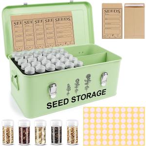 60 Slots Seed Storage Organizer, Metal Seed Saving Box with Lid and Safety Locks, Seed Bin Seed Storage Container with 20 Seed Envelopes and 20 Labels, 3 Compartments, Perfect for Flower Plants Garden