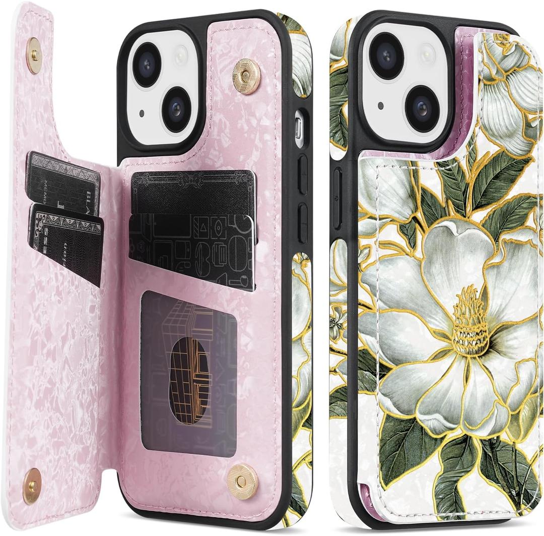 NNH Compatible with iPhone 14 Wallet Case with RFID Blocking Card Slots Folio Flip PU Leather Kickstand Double Magnetic Clasp Design Cover for iPhone 14(6.1 inch-Magnolia Flowers)