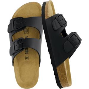 CUSHIONAIRE Lane Cork Footbed Sandals for Women  Comfortable Double Buckle Slip-On with Genuine Suede Footbed & Arch Support Slides for Women Footwear (7.5, Black Oily)