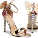 Women's Gold Sparkly Stiletto Heels - Butterfly Back Open Toe Ankle Strap Dress Sandals, Sexy High Heel Pumps for Party Wedding Evening Prom 7