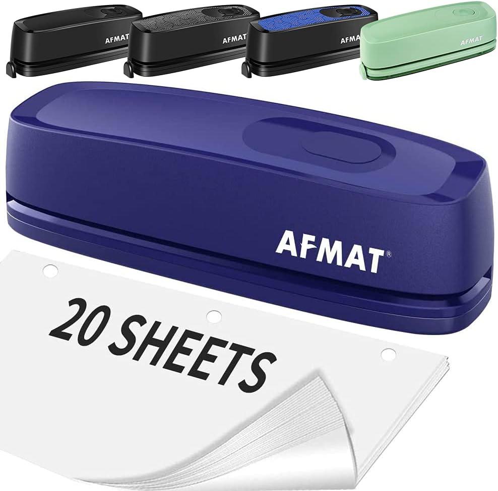 AFMAT Electric 3 Hole Punch, 3 Hole Punch Heavy Duty, 20-Sheet Punch Capacity, AC or Battery Operated Paper Puncher, Effortless Punching, Long Lasting Paper Punch for Office School Studio, Blue