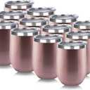 DOMICARE Stainless Steel Wine Tumbler Bulk with Lid, Personalized Rose Gold Insulated Tumblers Set, 12oz Travel Coffee Cups Pack of 12