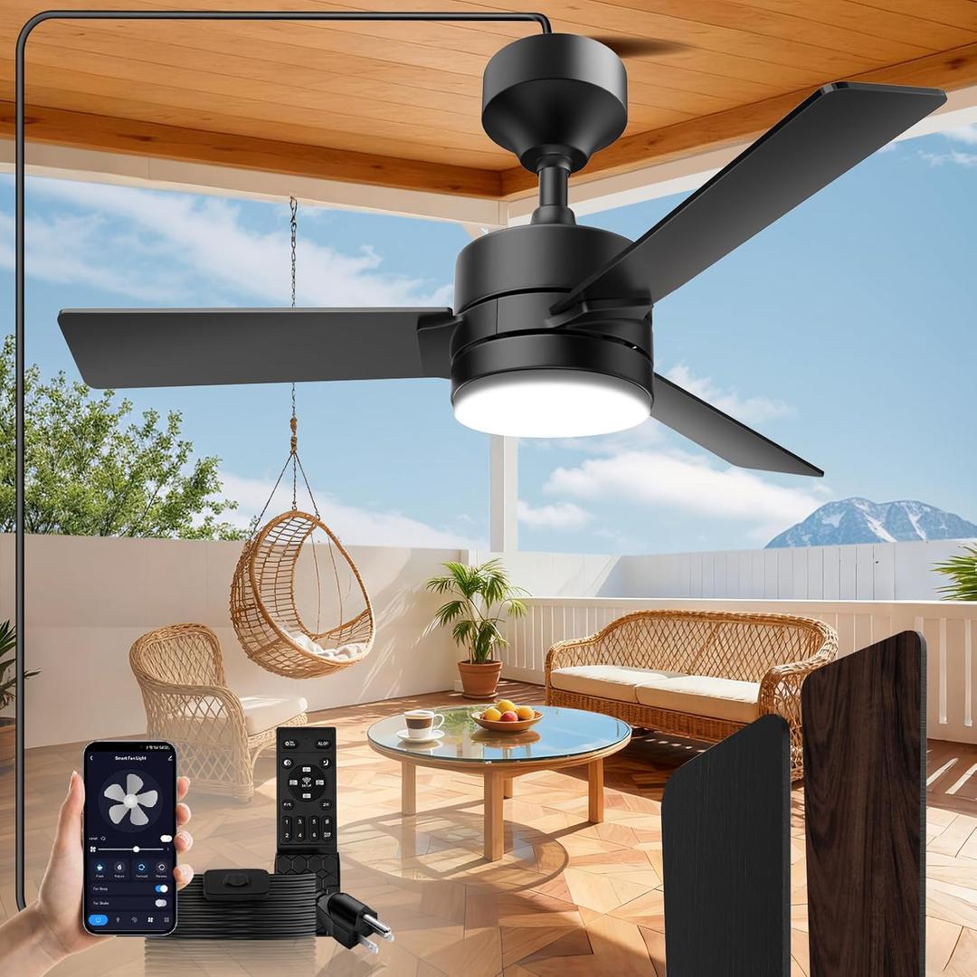 36 inch Plug-In Outdoor Ceiling Fan with Lights and Remote,LED Gazebo Hanging Fan with Hook,Dimmable Gazebo Fan,3000-6500k,Portable Fan for Gazebo,Balcony,Patios,Garage,Bedroom (Black)
