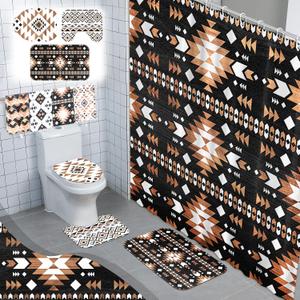 8 Pcs Western Aztec Shower Curtain Set Geometric Vintage Bathroom Decor Boho Abstract Pattern Waterproof Shower Curtain Aztec Towels Non Slip Rug Toilet Lid Cover Bath Mat with 12 Hooks