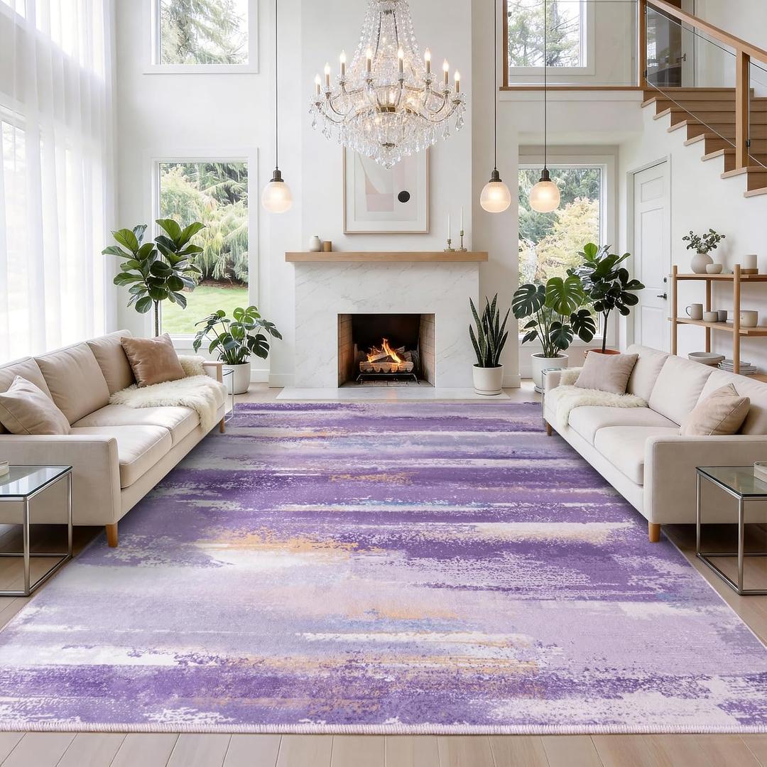Large Area Rugs 9x12 Living Room: Modern Abstract Rugs with Non-Slip Rubber Backing for Bedroom Dining Room, Machine Washable Rug for Dorm Kids Girls Room Home Decor Aesthetic, Purple