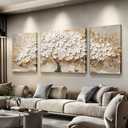 Gold Blossom Floral Plant Set of 3 Framed Art Paintings Artwork Tree Flower Wall Art Painting on Canvas for Living Room Wall Decor 64" W x 24" H
