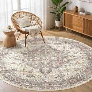 Round Rug Living Room Rugs: 6Ft Washable Boho Neutral Large Circle Soft Indoor Floral Stain Resistant Floor Farmhouse Carpet for Bedroom Nursery Kids Playroom Office Dining Room Dorm Home- Beige Brown