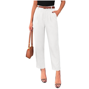 Bamans Dress Pants for Womens Work Business Pants Tummy Control Office Straight Leg Professional Trousers High Waisted Ladies Slacks White Long 32" Inseam US 4-6