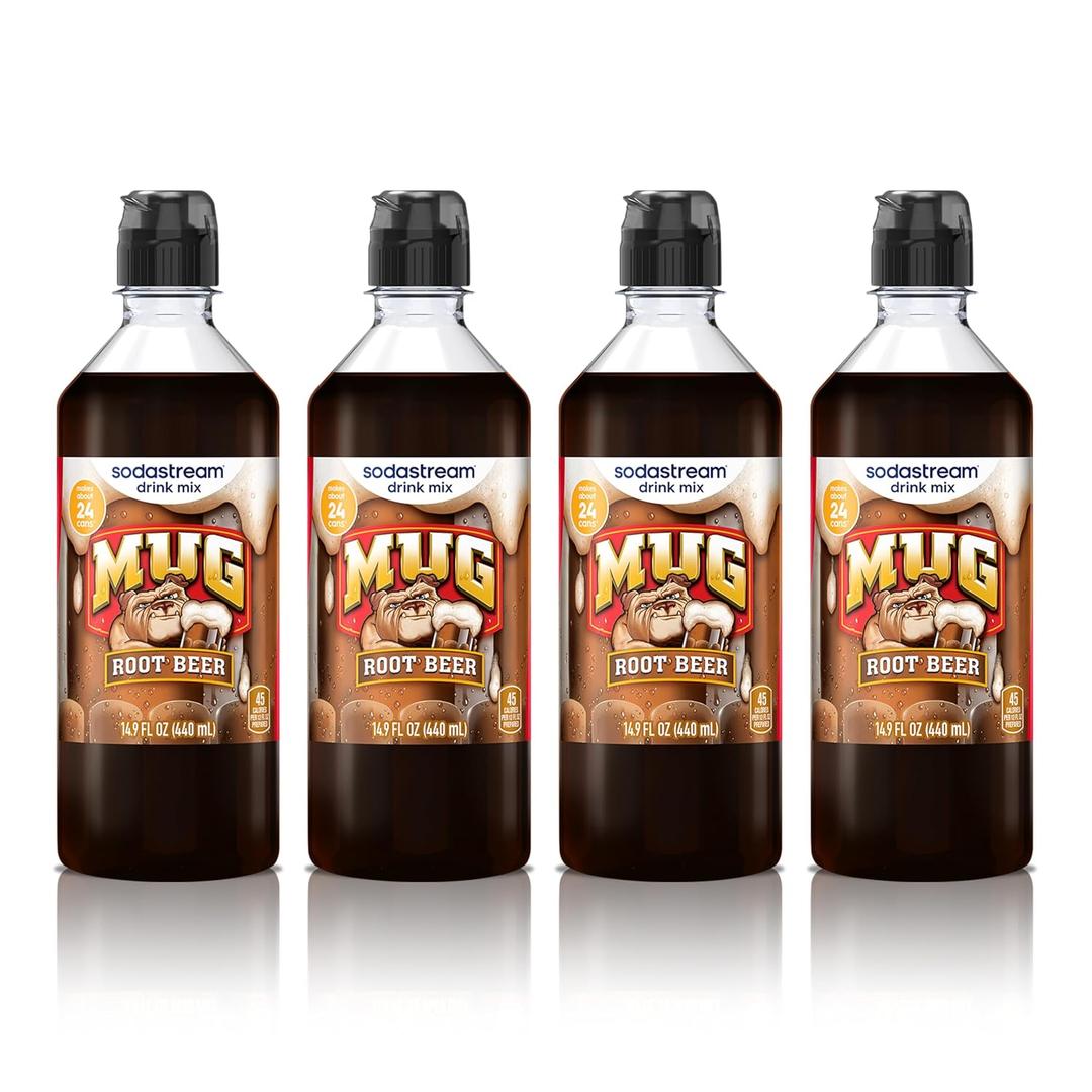 Sodastream Mug Root Beer New Pour Bottle Drink Mix, 4 Pack Mug Root Syrup for Sparkling Water Makers, Control Your Fizz with Sodastream Flavors, 4 x 14.9 Fl Oz (440ml) Makes about 96 Drinks Per Pack (EXP 03/27/27)