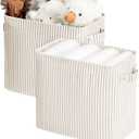 StorageWorks Narrow Storage Bins, Small Basket for Closet and Shelves, Rectangular Fabric Organizer with Handles, Toilet Paper Storage, Khaki and Beige Stripes, 2-Pack