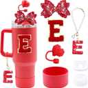 2 x 7Pcs Red Stanley Cup Accessories Set For Stanley Cup 30oz 40oz tumbler with handle,Including Heart Straw Topper Cover Cap,Letter Charm,Red Shiny Bow,Spill Proof Stopper,Silicone Boot(Red E)