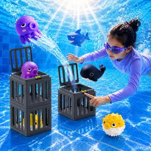 Pool Diving Toys for Kids, Water Swimming Dive Pool Game, Underwater Dive Rescue Toys Set with Storage Fish Box & Floating Animals (3pc/set),Summer DiveRescue Toys for Swim Training, Beach Lake Bath