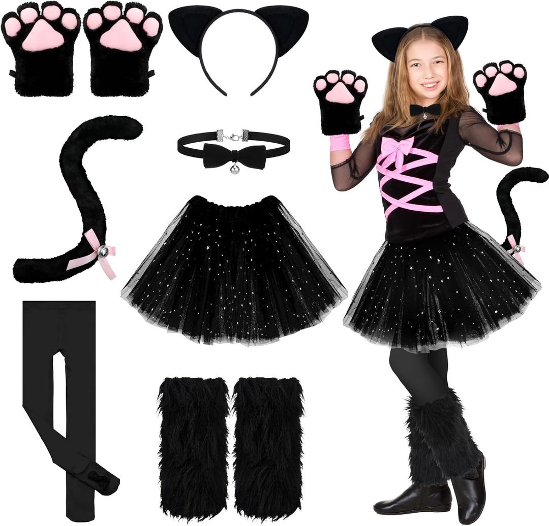 Haull 8 Pcs Halloween Kitten Cat Costume Accessories Girl Cat Ear Tail Gloves Bell Choker Necklace Tights Skirt Calf Sleeves (Large, Black and Black)