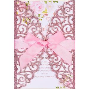 50Pcs Pink Glitter Wedding Invitations With Envelopes and RSVP Cards and Pink Ribbon Laser Cut Invitation Kits For Wedding Bridal Shower Quinceanera Invite