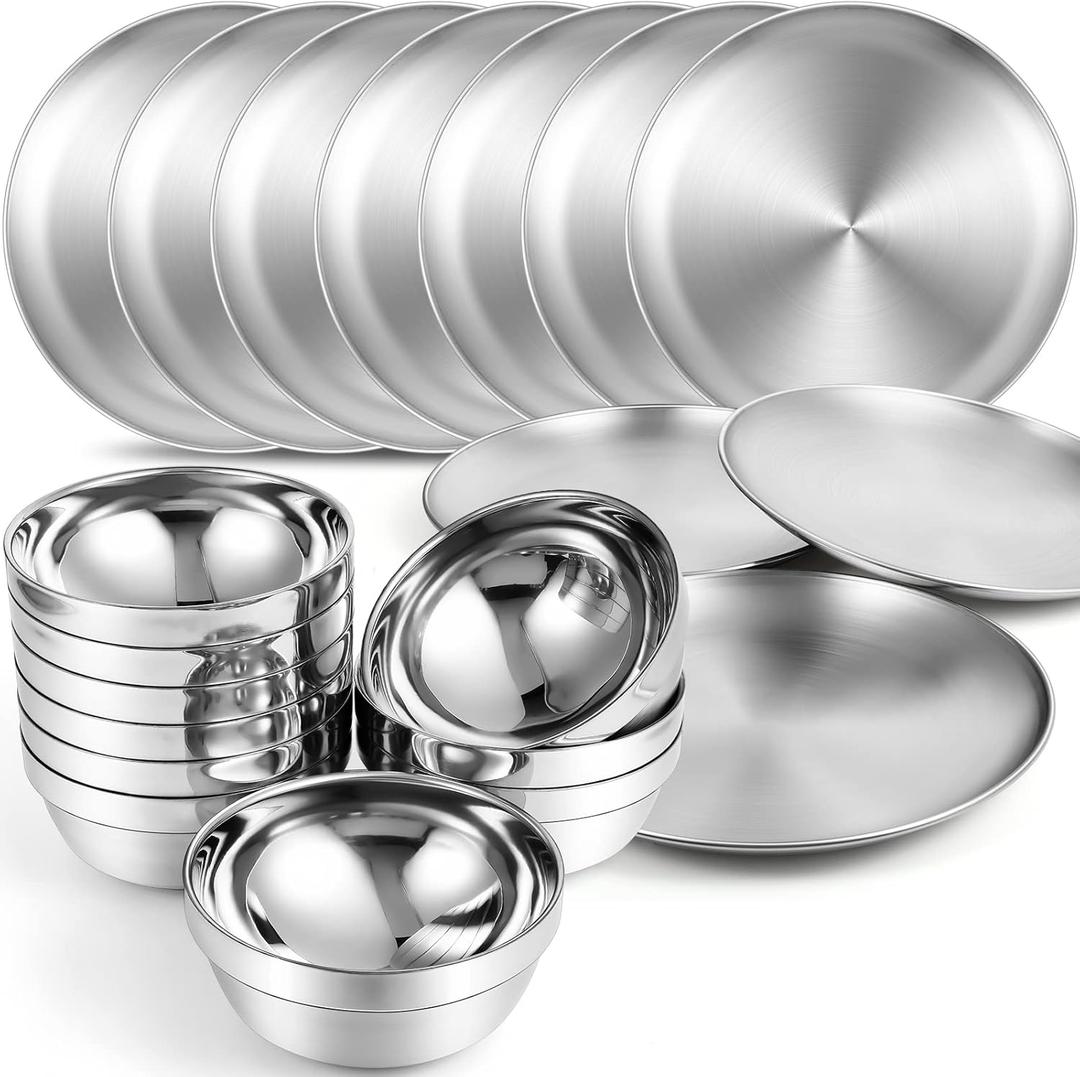 Sunnyray 304 Stainless Steel Plates and Bowls Metal Camping Plates Reusable 13 oz Steel Snack Bowls Dinner Dishes Double Walled Insulated Metal Dinnerware(10 Sets,8 x 8 Inch)