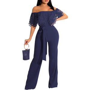 YouSexy Off Shoulder Jumpsuit for Women High Waist Wide Leg Long Pants Belted Romper Jumpsuits (Small, Navy Blue)