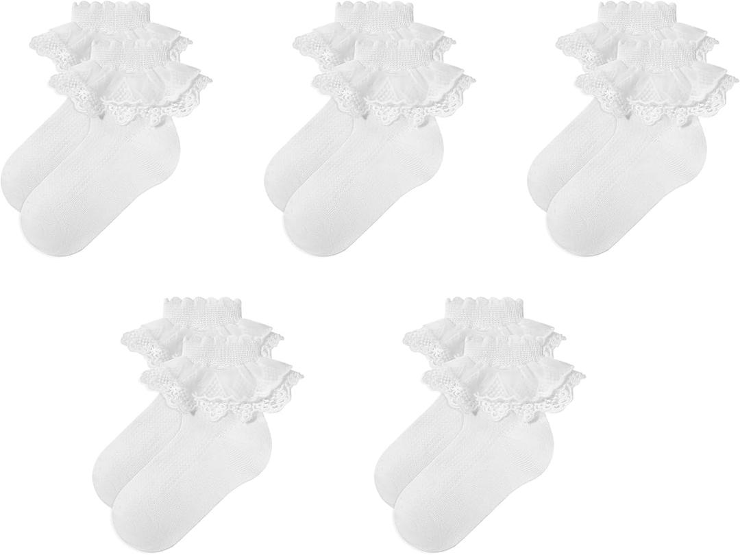 Zando Ruffle Socks for Girls 4-8 Years - Soft Cotton Lace Frilly Socks for Dress School Uniform (White, L)