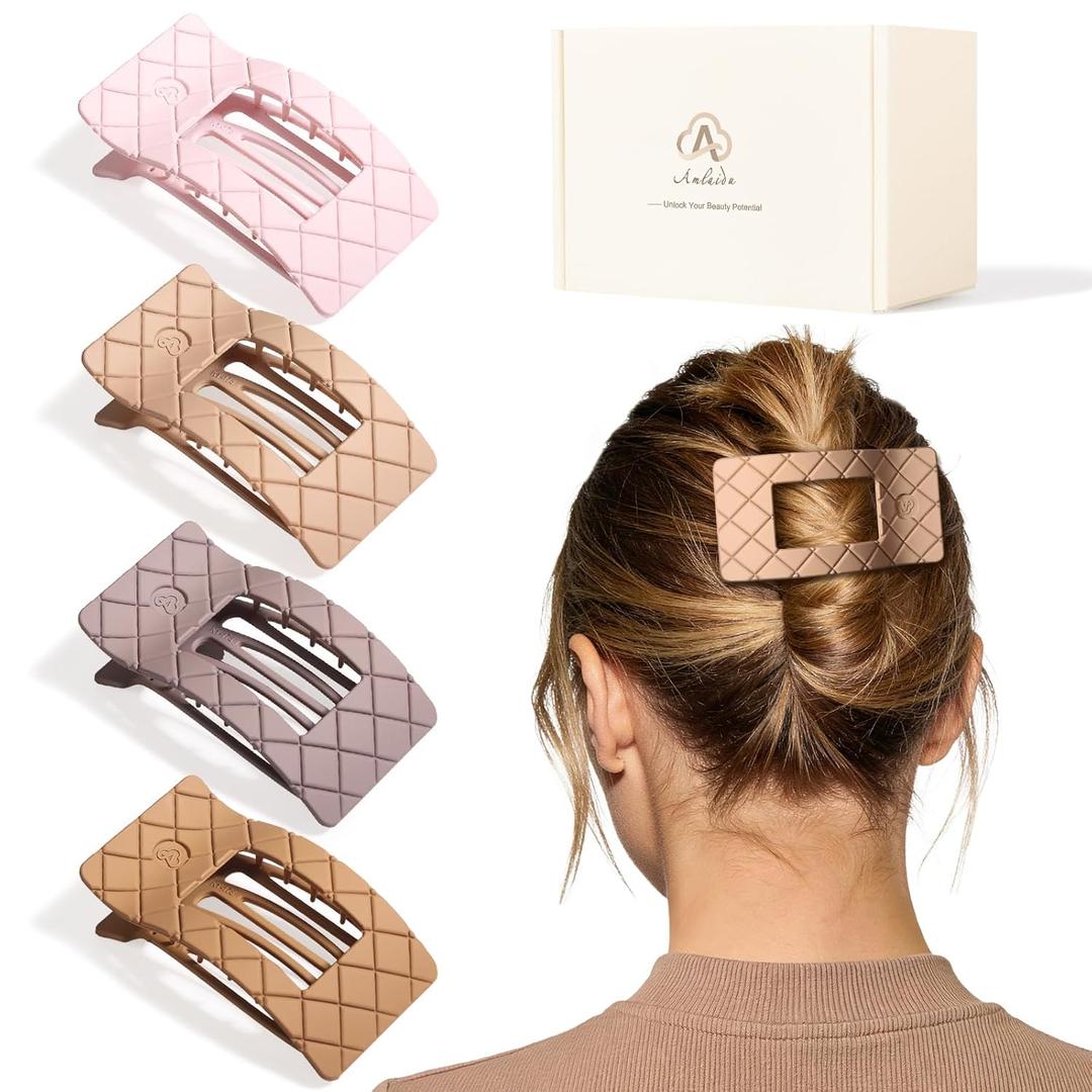 Large Flat Hair Claw Clips for Women Fine Thin Medium Thick Hair, Duckbill Strong Hold Non Slip Square Hair Clips, Cozy French Lay Down Hairclips, Pink, Blue, Brown, Khaki, 4 Pcs
