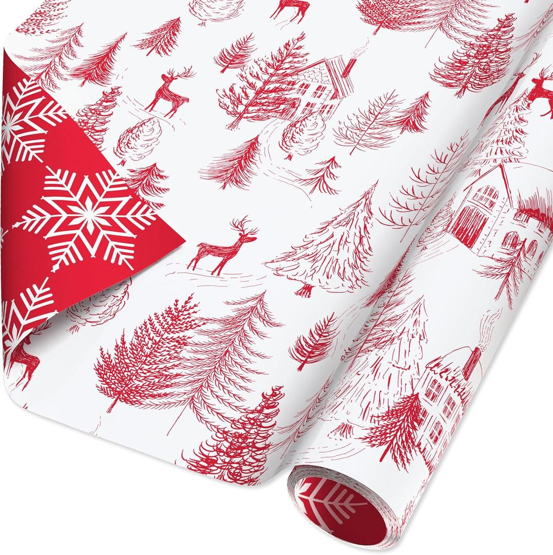 American Greetings Reversible Cottagecore Christmas Wrapping Paper Roll, Red and White Holiday Gift Wrap (60 sq. ft., 1 Standard Roll Wrap-30 in. x 24 ft.) Cabin in the Woods with Reindeer